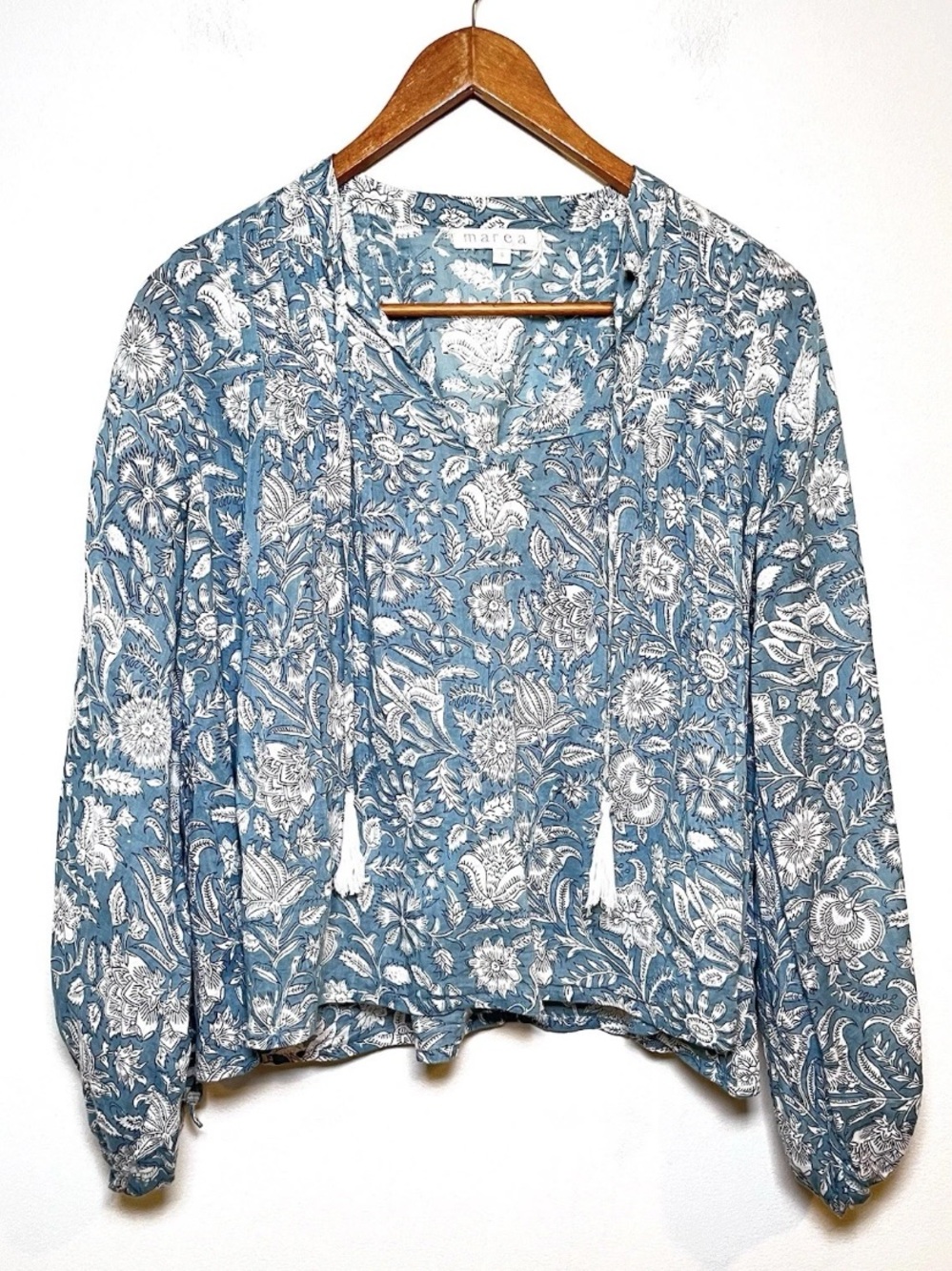Marea Floral Peasant Top Size Small Blue Boho Blouse 100% Cotton